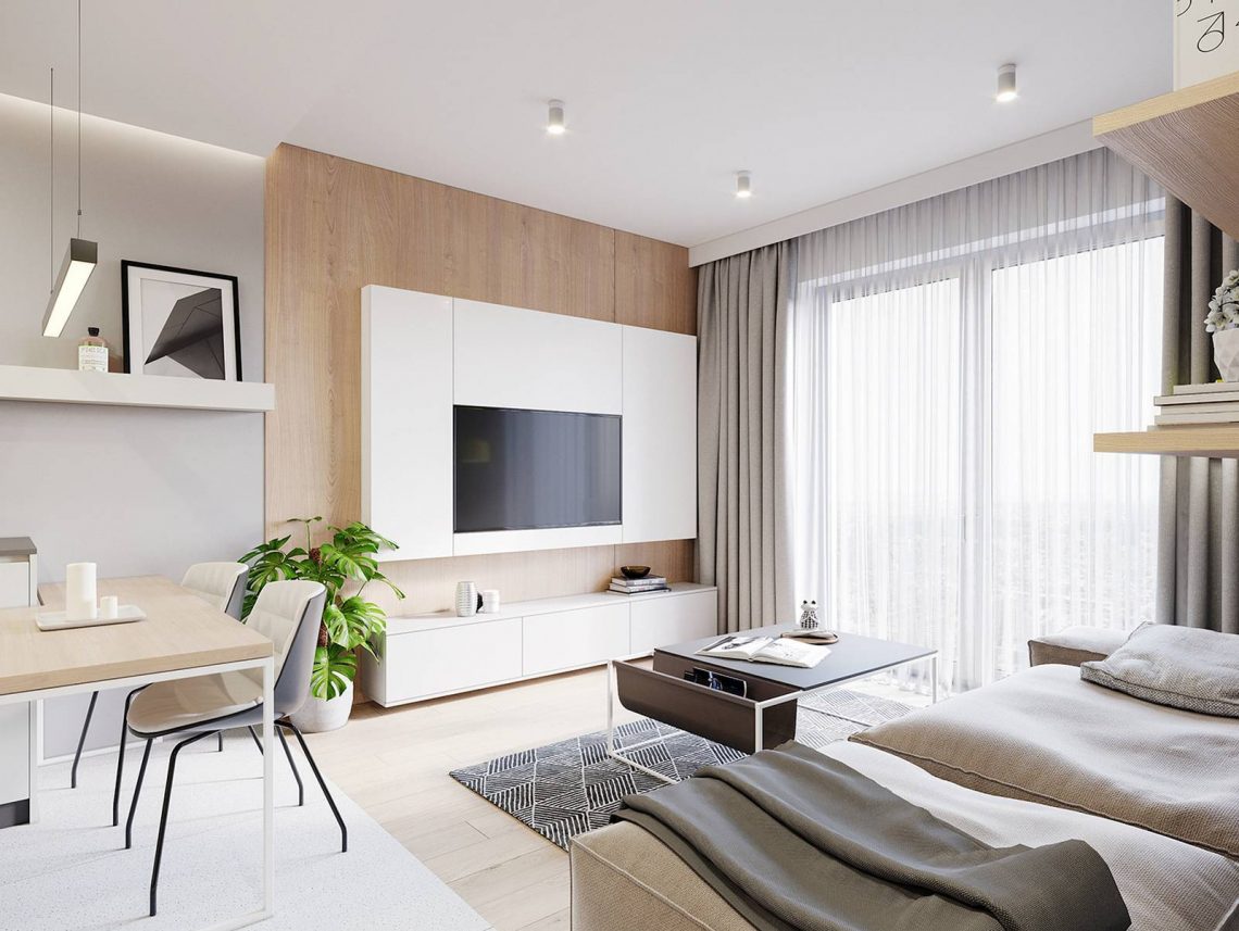 Letisztult minimalista stílusban berendezett 37m2-es lakás, fehér, szürke és fa