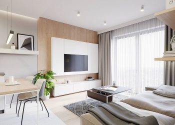 Letisztult minimalista stílusban berendezett 37m2-es lakás, fehér, szürke és fa