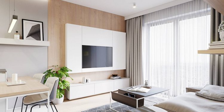 Letisztult minimalista stílusban berendezett 37m2-es lakás, fehér, szürke és fa