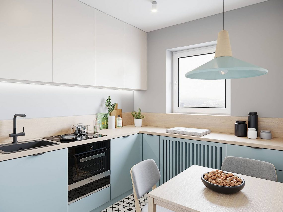 Pasztell árnyalatok, szürke, fehér és fa színpaletta nyugodt, visszafogott harmóniája 43m2-es lakásban