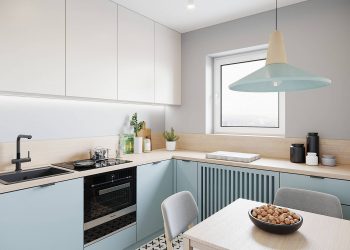 Pasztell árnyalatok, szürke, fehér és fa színpaletta nyugodt, visszafogott harmóniája 43m2-es lakásban