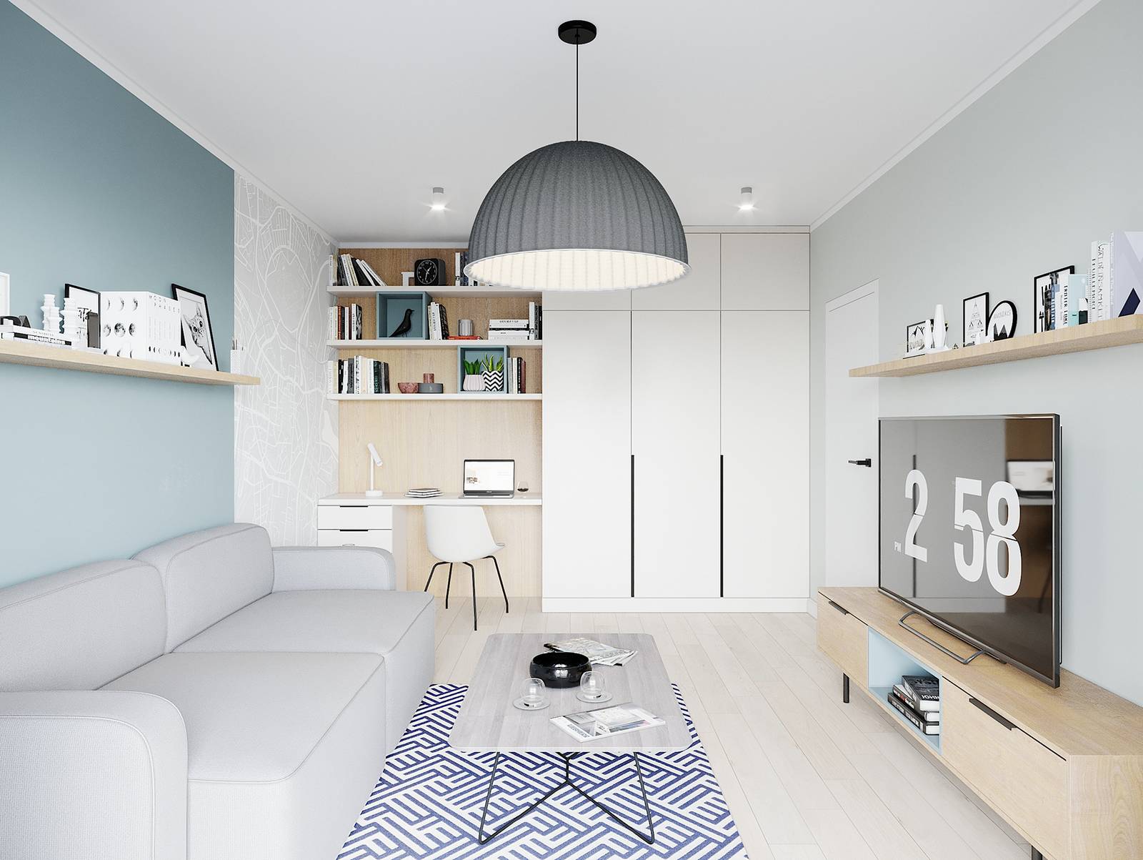 Pasztell árnyalatok, szürke, fehér és fa színpaletta nyugodt, visszafogott harmóniája 43m2-es lakásban Pasztell árnyalatok, szürke, fehér és fa színpaletta nyugodt, visszafogott harmóniája 43m2-es lakásban