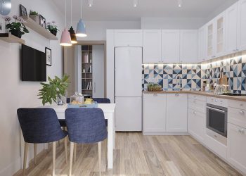 Friss, modern, szimpla berendezés 47m2-en, pink, kék, fehér és fekete színekkel