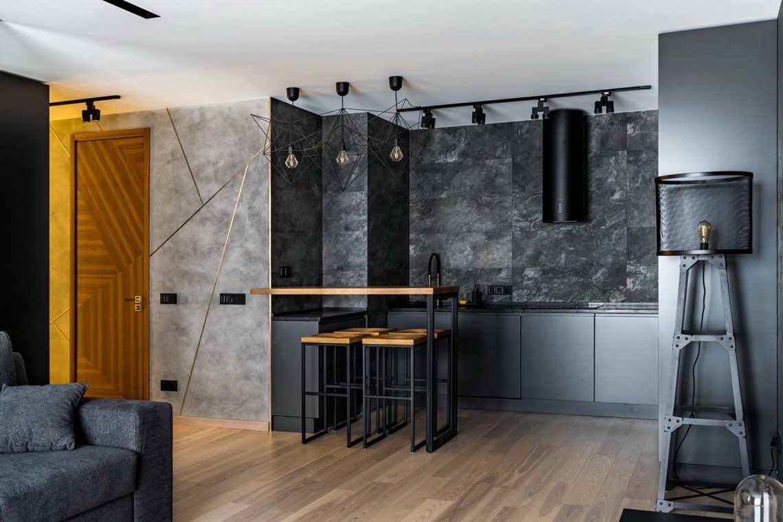 Karakteres modern legénylakás 56m2-en nyitott elosztással, rézháló térelválasztással