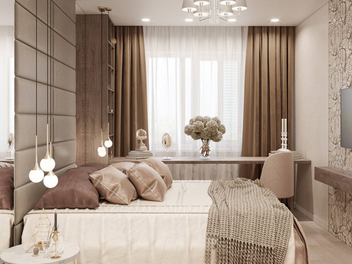 Lágy bézs árnyalatokkal díszített szép egyszobás lakás, semleges dekoráció otthonosan