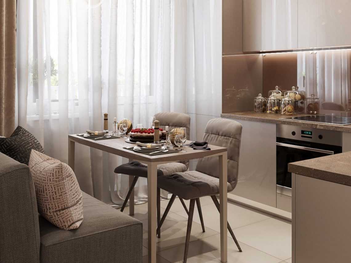 Lágy bézs árnyalatokkal díszített szép egyszobás lakás, semleges dekoráció otthonosan