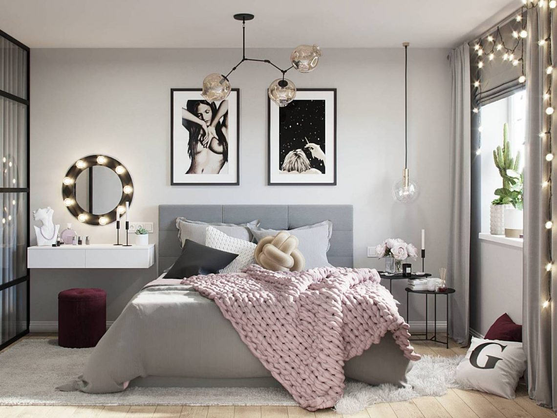 Pink, szürke és burgundi vörös, remek színösszeállítás 46m2-es, kényelmes lakásban