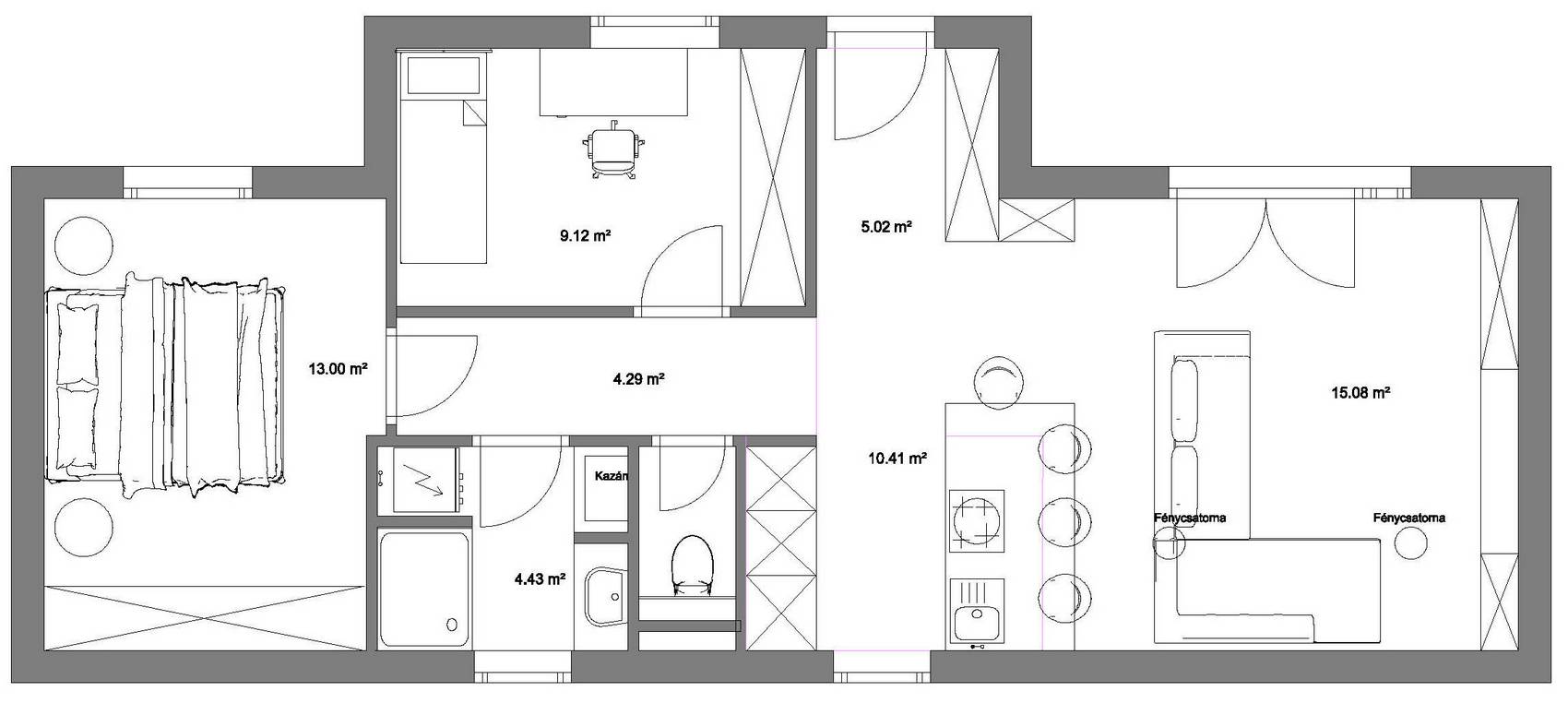 Sorházi lakás berendezése 63 m2-en, egy kis kertes ház funkcióival
