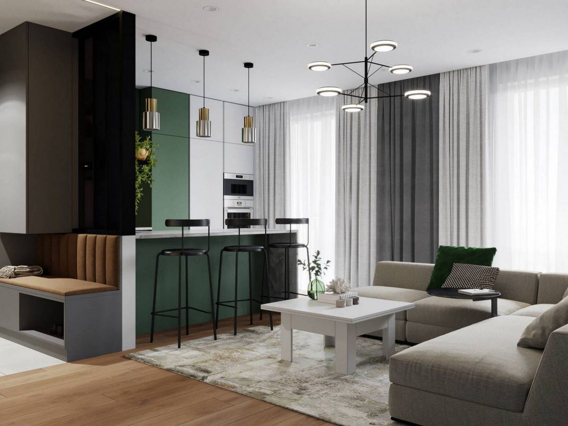 Zöld, szürke, terrakotta és fa - szép, modern enteriőr 92m2-es, háromszobás lakásban