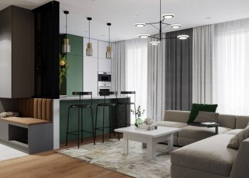 Zöld, szürke, terrakotta és fa - szép, modern enteriőr 92m2-es, háromszobás lakásban