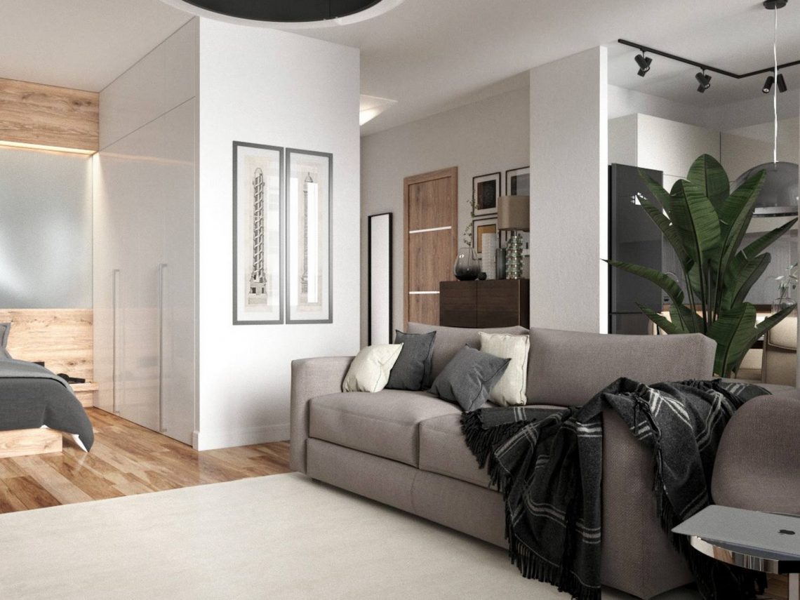 Szép példa ajtók, külön szobák nélkül ügyesen tervezett berendezésre - modern hangulatú, egyszobás lakás