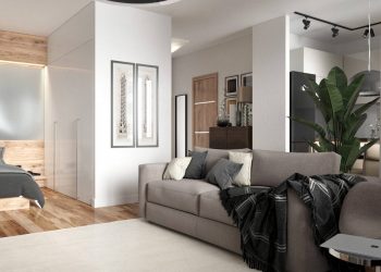 Szép példa ajtók, külön szobák nélkül ügyesen tervezett berendezésre - modern hangulatú, egyszobás lakás