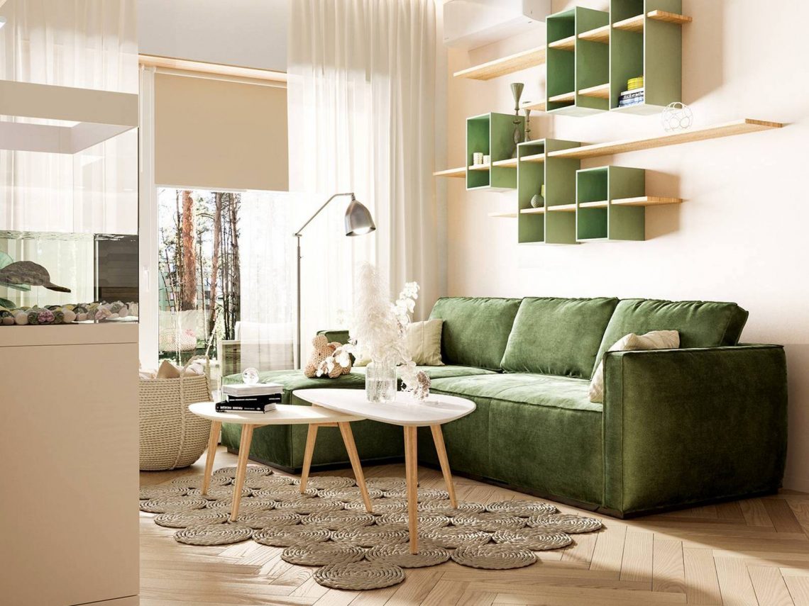 Bézs és olíva-, limezöld színárnyalatok nagyon szép kombinációja 70m2-es, háromszobás lakásban