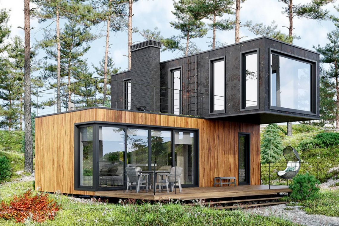 Dizájnos, modern vidéki ház két fém tengeri szállító konténerből kialakítva