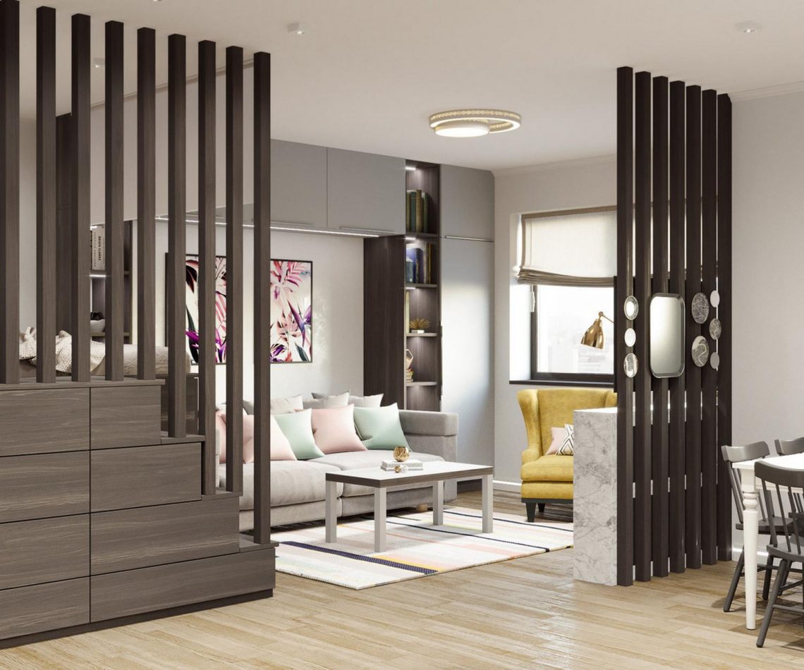 Fa térelválasztókkal tagolt tér, megemelt ágy tárolókkal fiatal új egyszobás lakásában