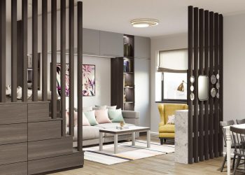 Fa térelválasztókkal tagolt tér, megemelt ágy tárolókkal fiatal új egyszobás lakásában