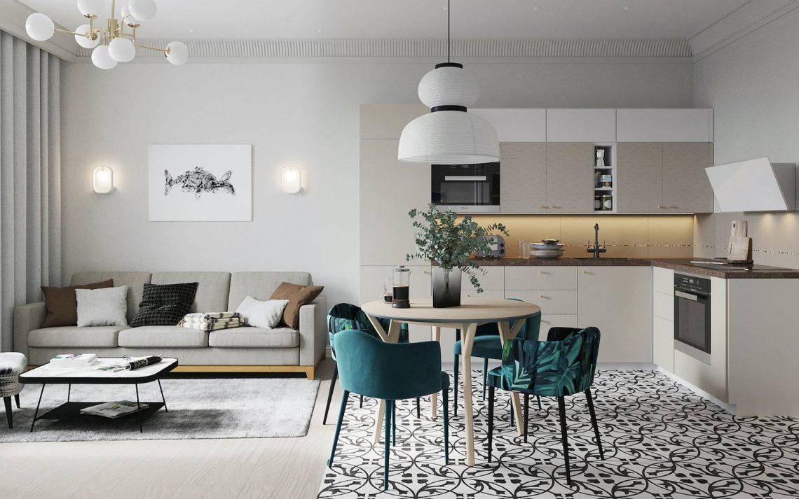 Különleges színek hálóban és a fürdőben, visszafogott nappali és konyha - fiatal hölgy 50m2-en