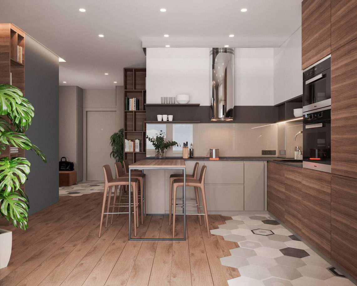 Meleg szürke árnyalatok és természetes fa gyönyörű párosítása 54m2-en, modern berendezés