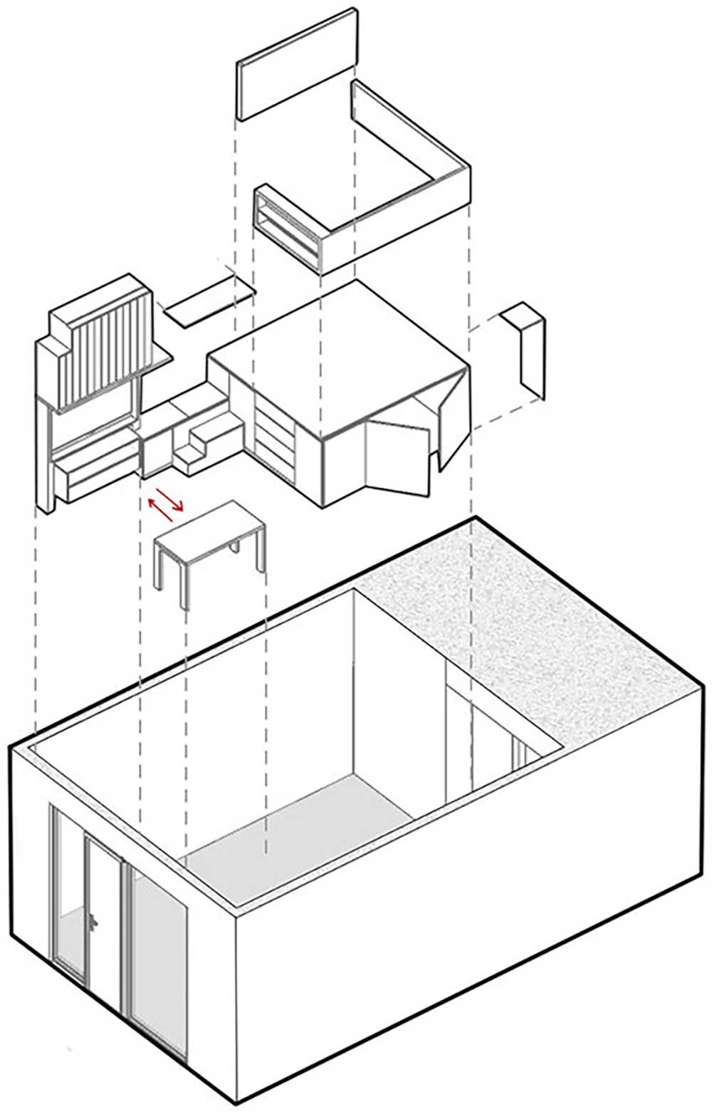 Minigarzon sok tárolóhellyel épített galéria-bútorral, kompakt, multifunkciós megoldásokkal 27m2-en
