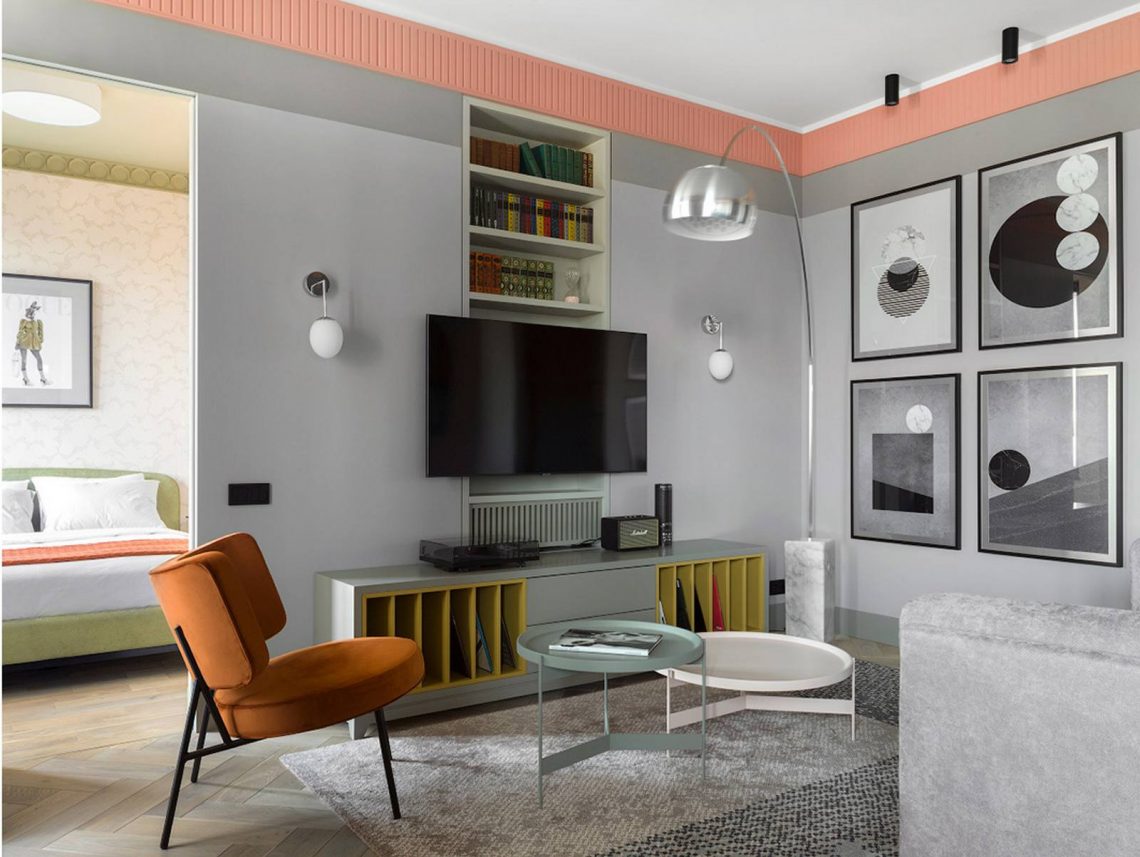 Modern, eklektikus stílusú lakberendezés fiatal nő kétszobás, új építésű lakásában