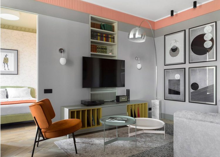 Modern, eklektikus stílusú lakberendezés fiatal nő kétszobás, új építésű lakásában