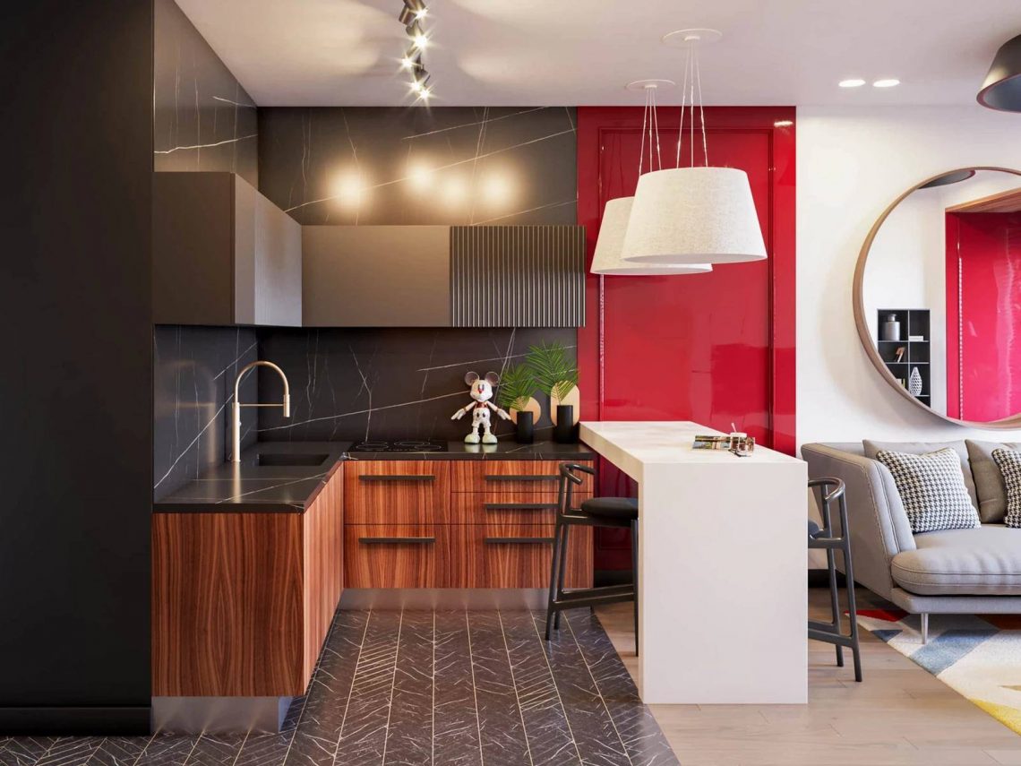 Mozgalmas, modern, színes enteriőr férfi városi otthonában, látványos megoldásokkal