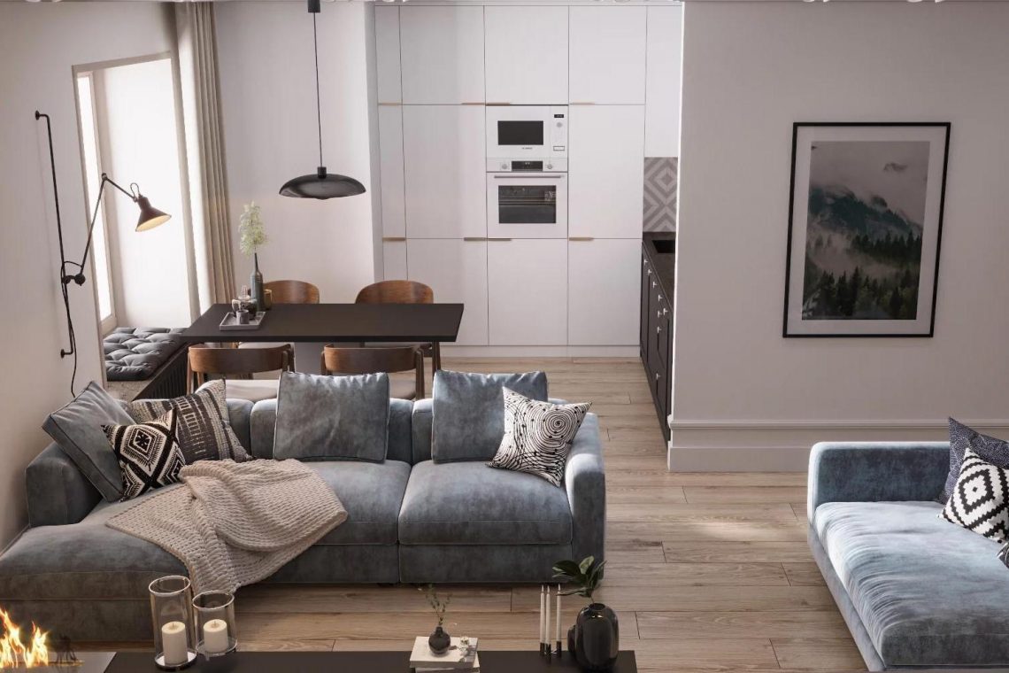 Négyfős család 90m2-es otthona letisztult és színes elemek szép egységével