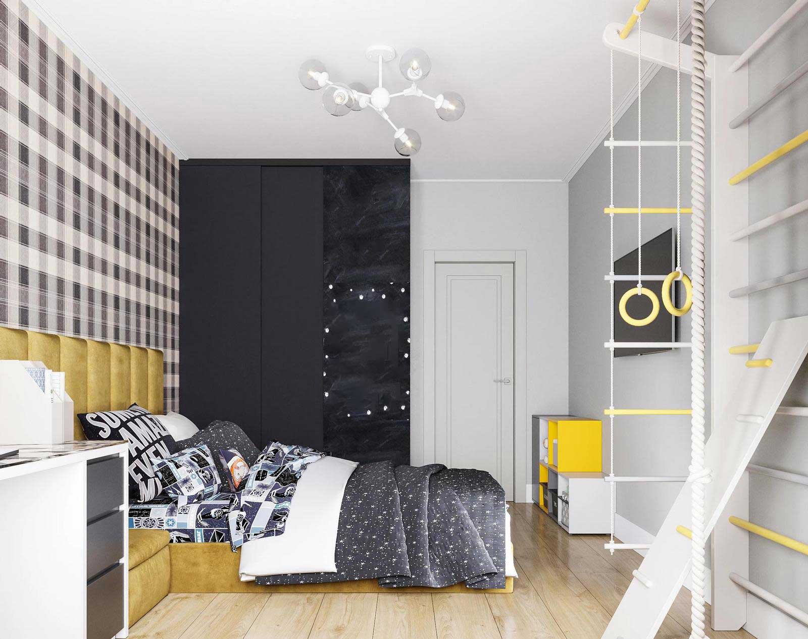 Négyfős család 90m2-es otthona letisztult és színes elemek szép egységével