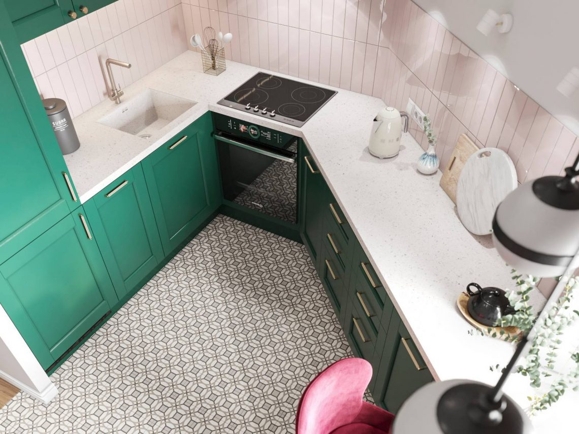 Család 74m2-es új otthona, konyha szabálytalan alakú helyiségben, gyerekszoba, különleges színek