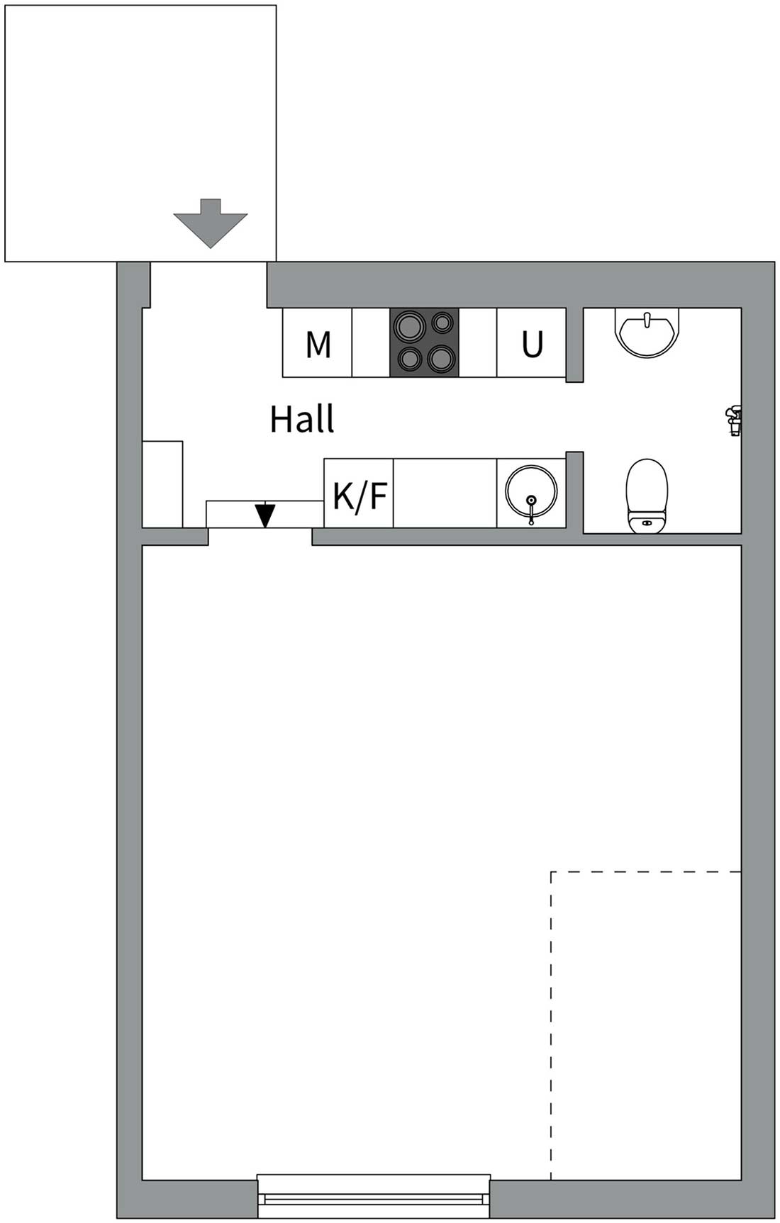 Ügyes helykihasználás kis lakásban, ágy, TV fal és tárolóhelyek egy bútorban kialakítva