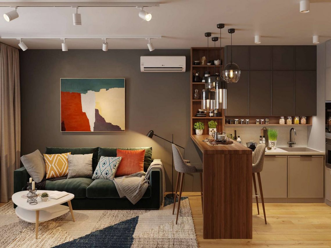 Hogyan lett kényelmes és férfias egy keskeny, hosszú 33m2-es lakás - bézs és szürke színárnyalatok szép összhangja