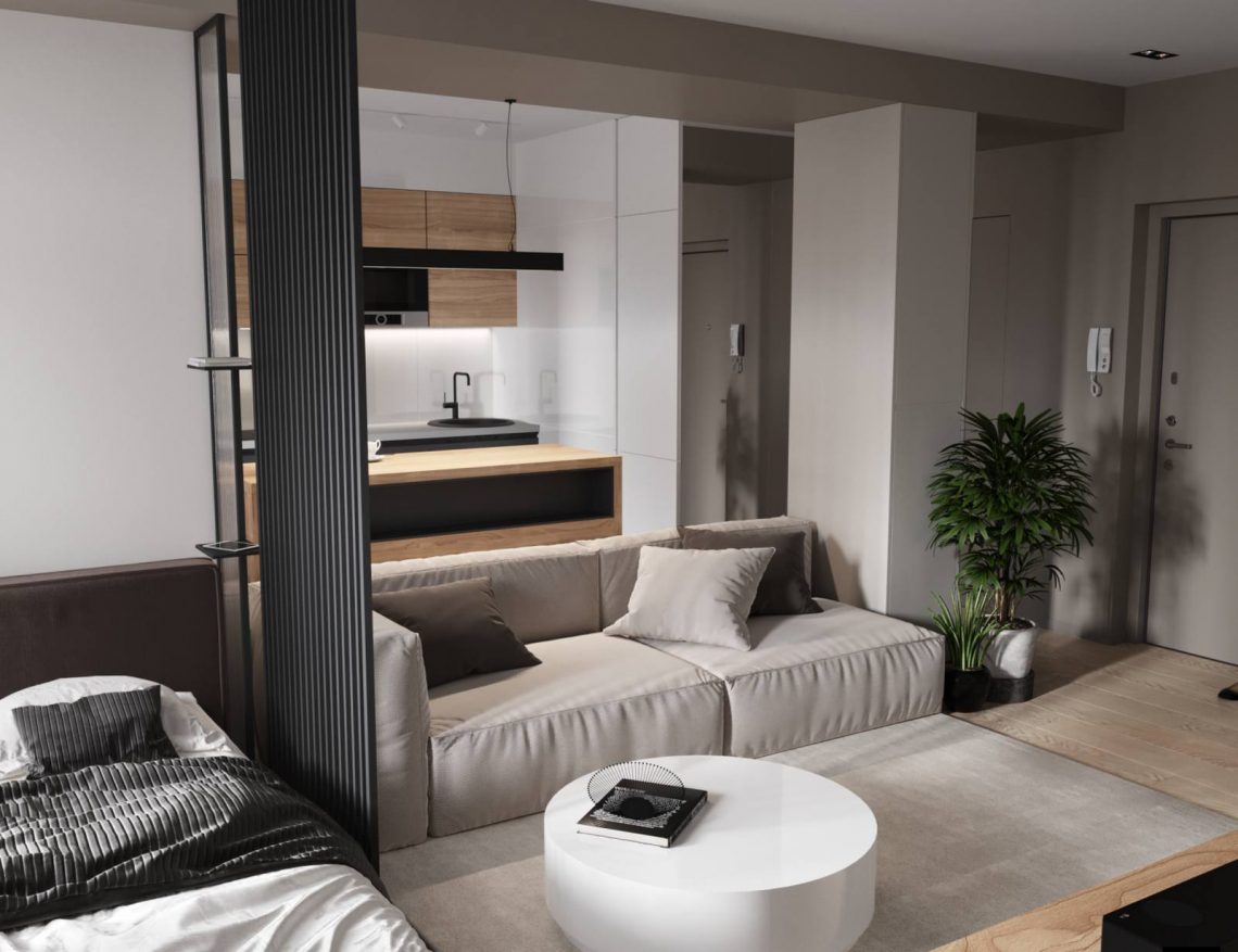 Nagyon jól tervezett nyitott elosztás 37m2-en, modern berendezés természetes hangulattal