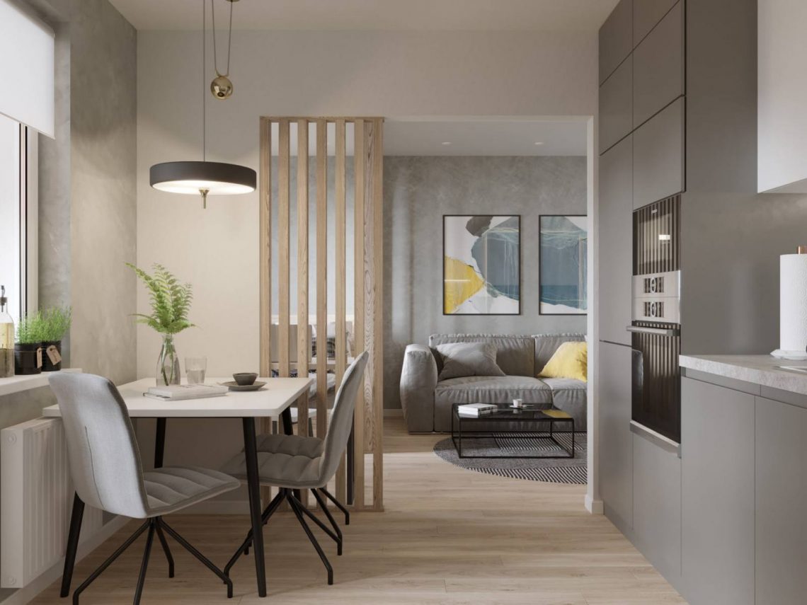 Tér tagolása falak nélkül, fa térelválasztó elemekkel 44m2-es, egyszobás lakásban