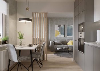 Tér tagolása falak nélkül, fa térelválasztó elemekkel 44m2-es, egyszobás lakásban