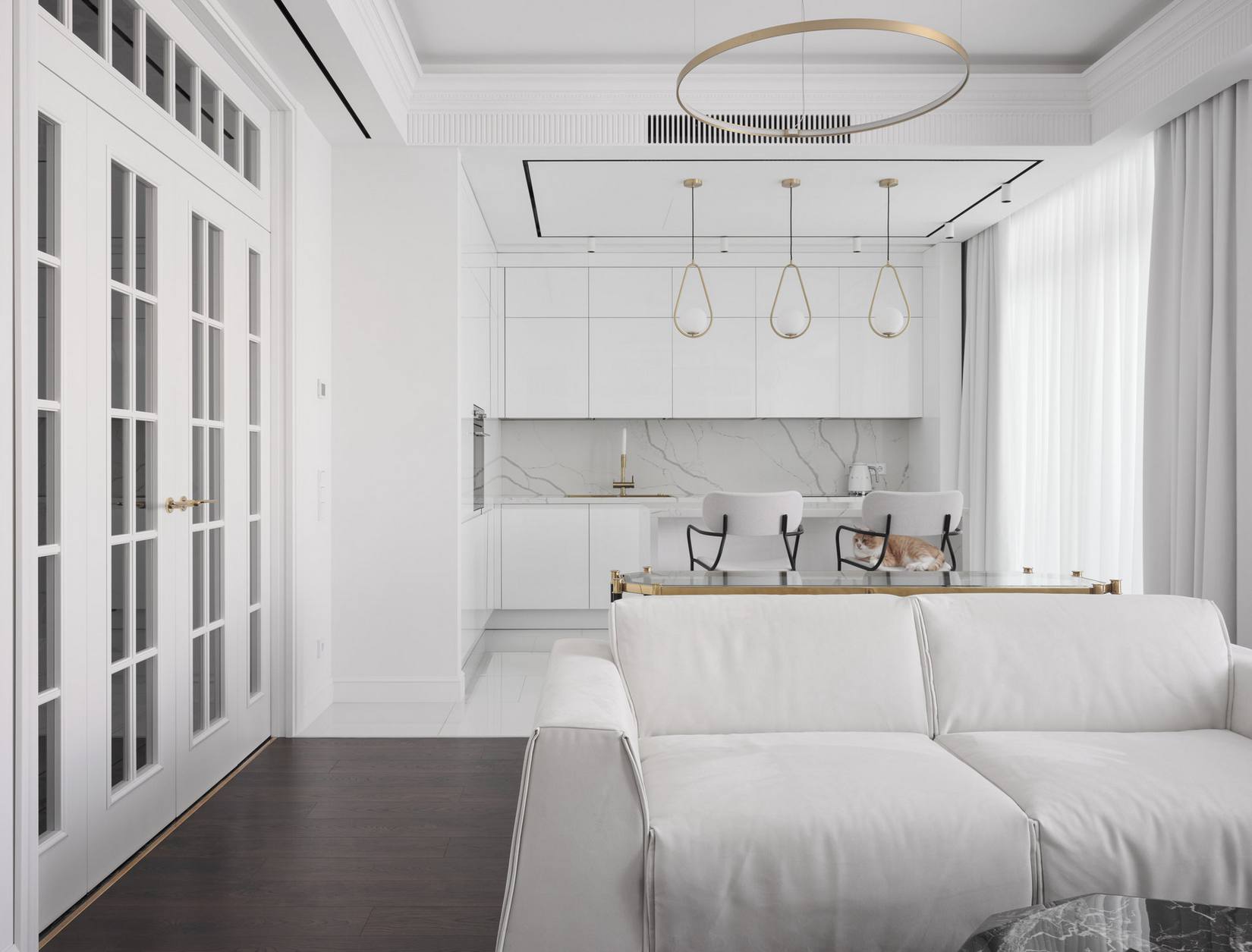 Tiszta fehér, szép burkolatok és sárgaréz kiegészítők elegáns kombinációja hölgy 95m2-es, kétszobás lakásában