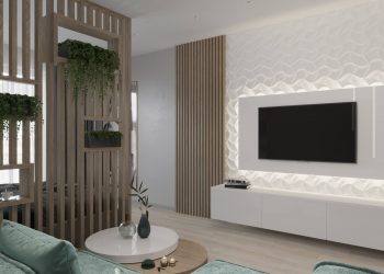 Üveg konyha hátfal, fa térelválasztó növényekkel - 45m2-es, egyszobás lakás modern LED világítással