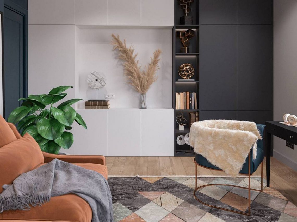 Különleges színek és semleges árnyalatok szép kombinációja modern stílusban berendezett kétszobás lakásban