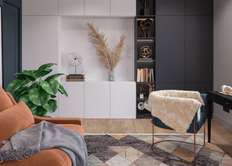 Különleges színek és semleges árnyalatok szép kombinációja modern stílusban berendezett kétszobás lakásban