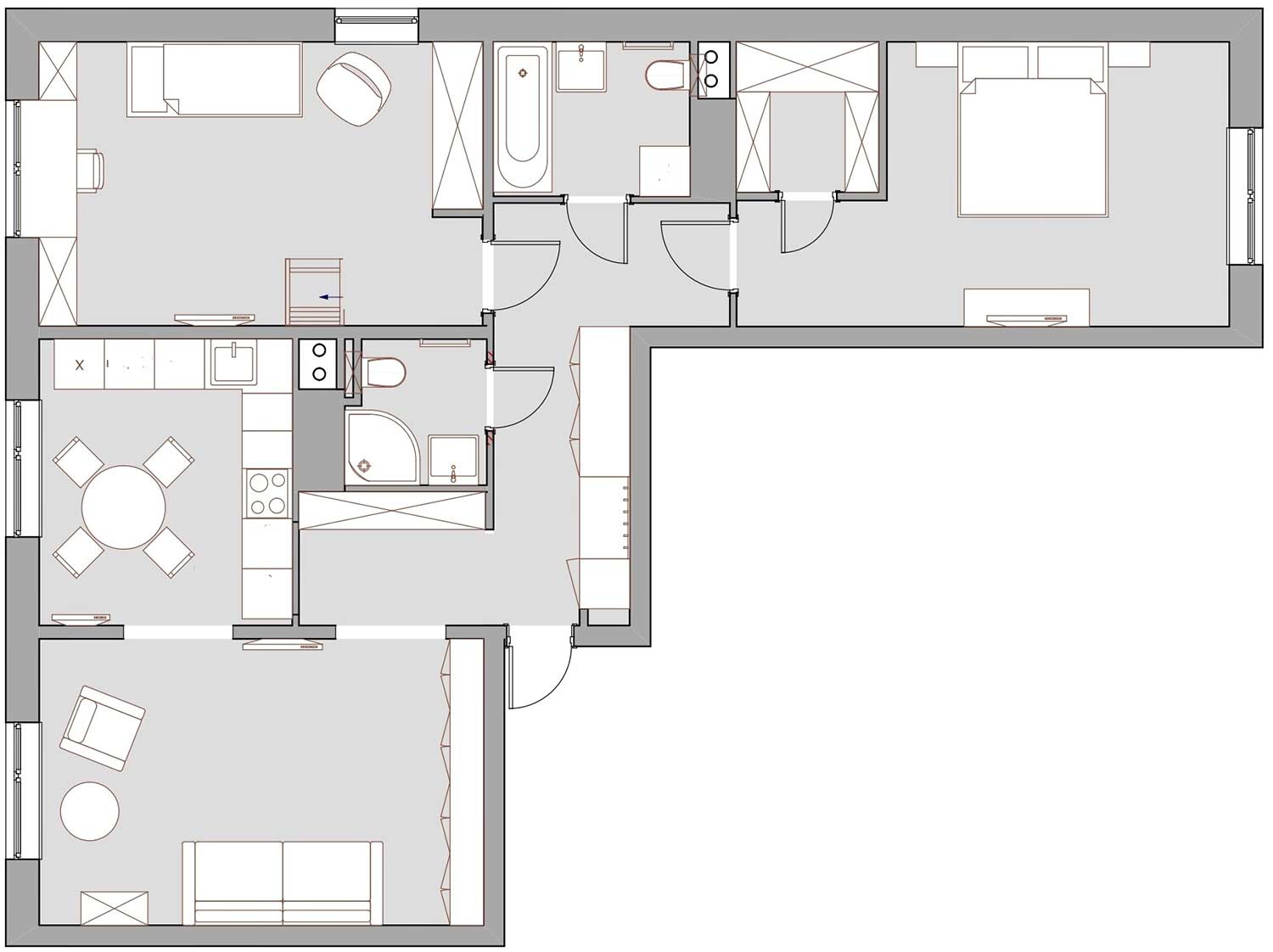 Háromszobás lakás berendezése négyfős családnak elegánsan adagolt királykék részletekkel 