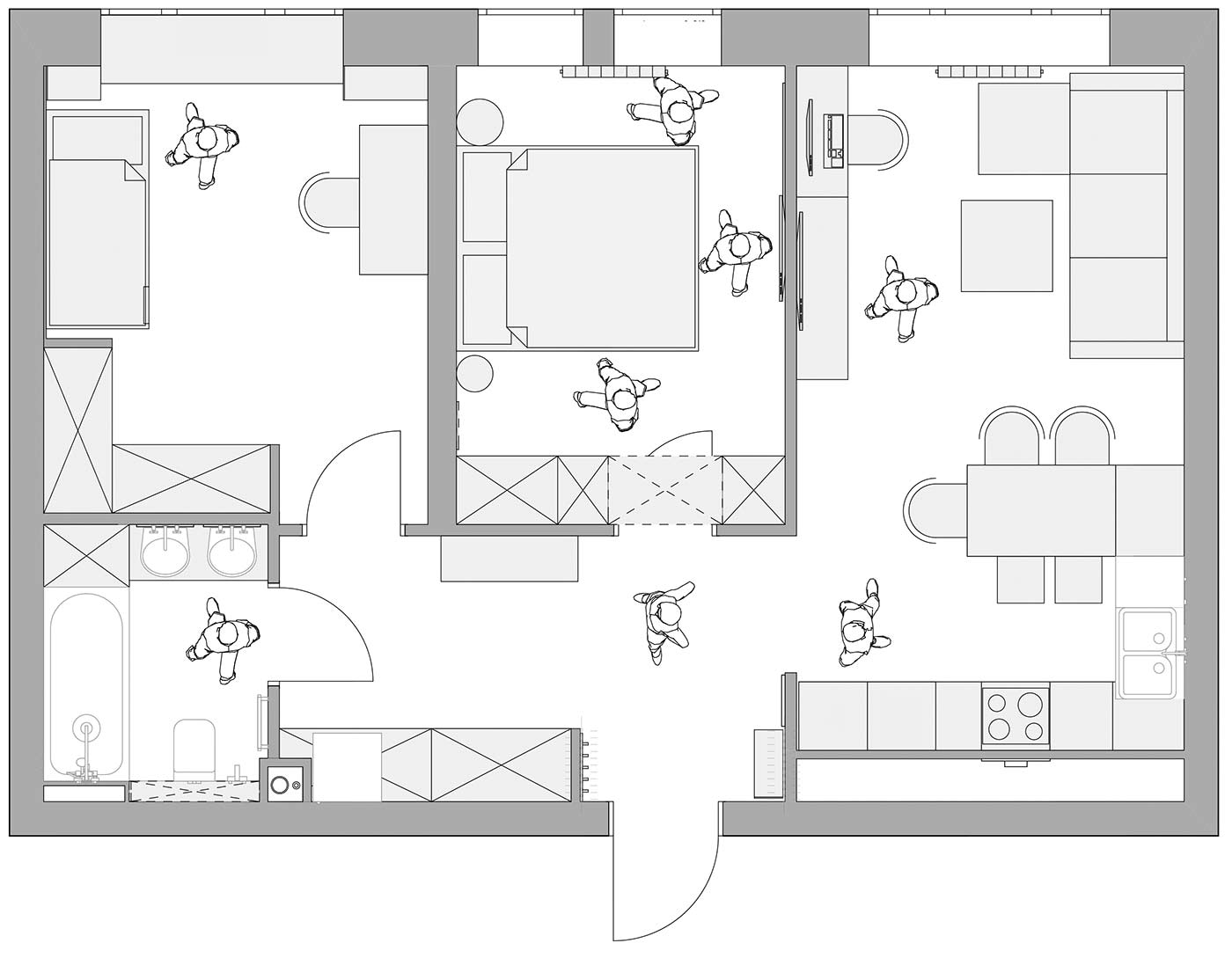 Család stílusos 60m2-es, háromszobás lakása mélyzöld konyhával