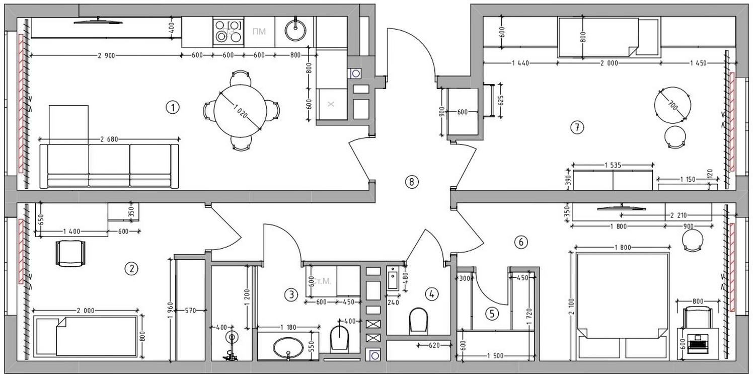 Háromszobás, 74m2-es lakás átalakítása négyfős családnak, két külön gyerekszobával