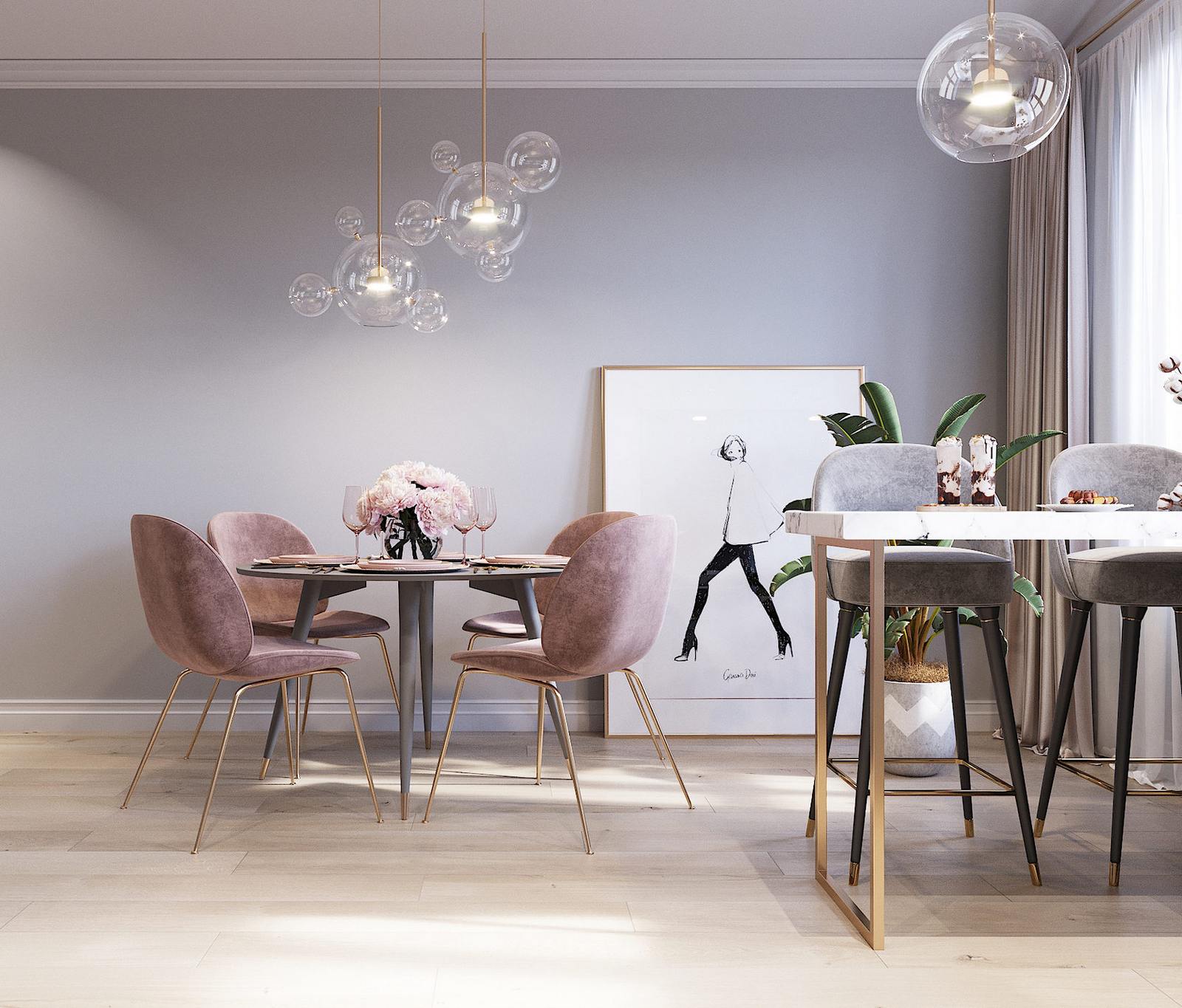 Keskeny 45m2-es lakás optimális berendezése félig nyitottan, lágy és semleges színekkel