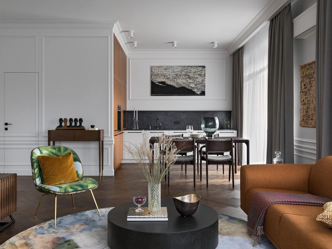 Elegáns legénylakás modern és klasszikus elemek harmóniájával, új társasházban