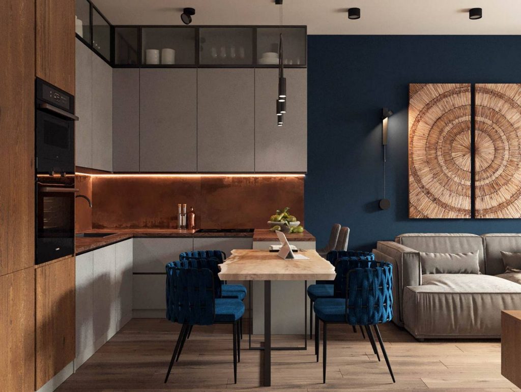 Fa, betonszürke és kék elemek harmonikus kombinációja kétszobás, 46m2-es lakásban