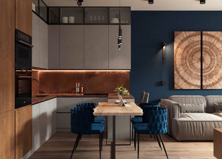 Fa, betonszürke és kék elemek harmonikus kombinációja kétszobás, 46m2-es lakásban