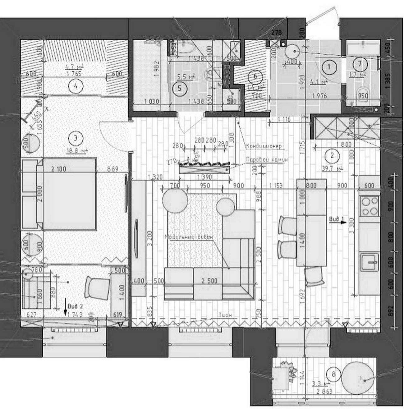 Különleges kerek fekete üveg konyha hátfal 76m2-es lakásban, lakberendezés látványos elemekkel