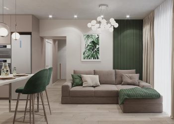 Nyugodt bézs enteriőr természetes fa és zöld kiegészítőkkel - hölgy 45m2-es lakása