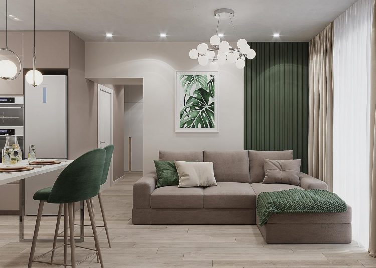 Nyugodt bézs enteriőr természetes fa és zöld kiegészítőkkel - hölgy 45m2-es lakása