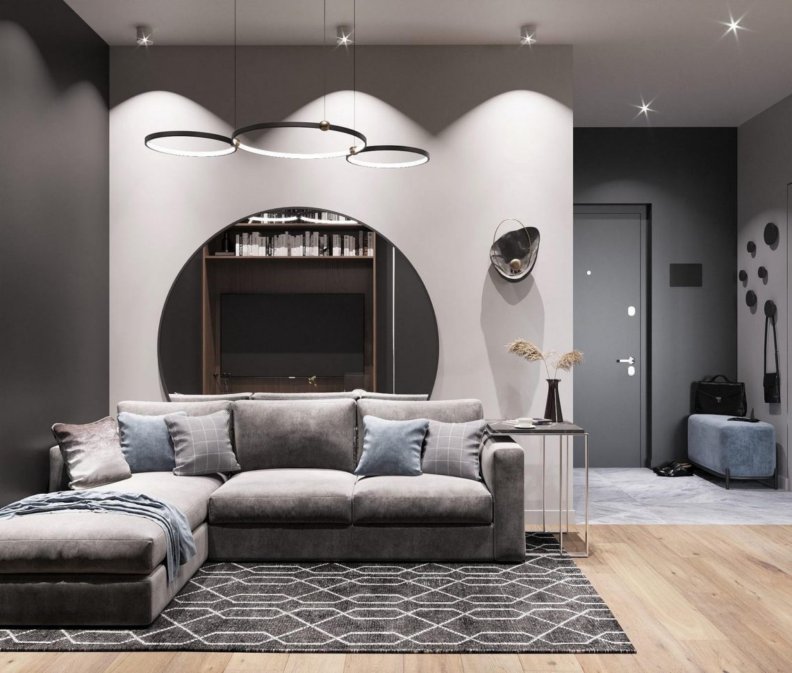 Otthonosan férfias dekoráció kontrasztos színvilággal, szürke, fehér és fa ízléses kombinációja 44m2-en