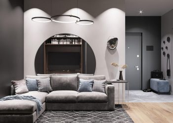 Otthonosan férfias dekoráció kontrasztos színvilággal, szürke, fehér és fa ízléses kombinációja 44m2-en